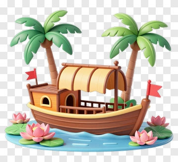 Tropical Boat With Palm Trees And Lotus Flowers PNG