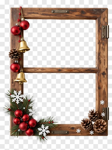 Wooden Frame With Christmas Decorations PNG