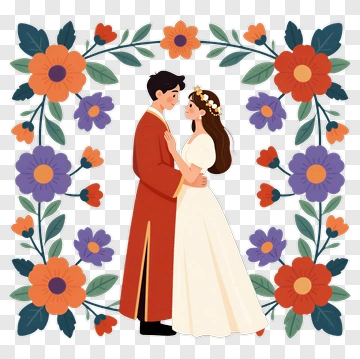 Couple In Wedding Attire Surrounded By Flowers PNG