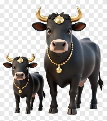 Black Bull And Calf With Gold Accessories PNG