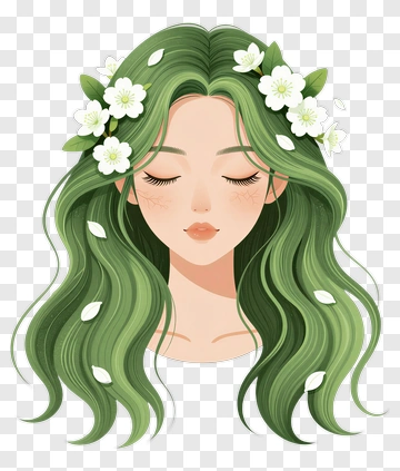 Woman With Green Hair And White Flowers PNG