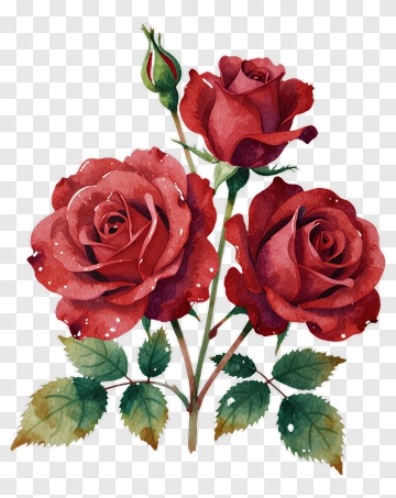 Watercolor Roses With Bud And Leaves PNG