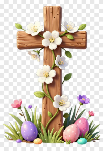 Wooden Cross With Flowers And Eggs PNG