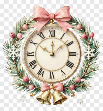 Festive Clock With Wreath And Bells PNG