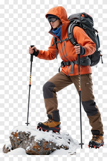 Hiker In Orange Jacket On Snowy Peak PNG