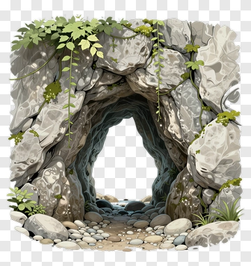Rock Cave With Green Vines And Pebbles PNG