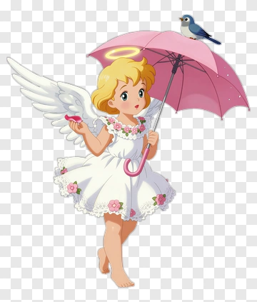 Cartoon Angel Holding Pink Umbrella PNG