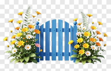 Blue Fence With Yellow And White Flowers PNG