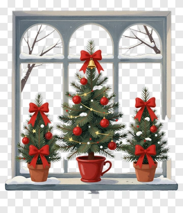 Three Christmas Trees In Window PNG