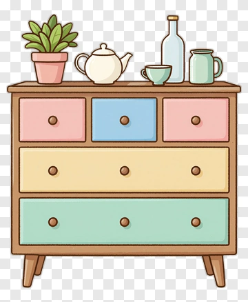 Colorful Dresser With Plant And Tea Set PNG