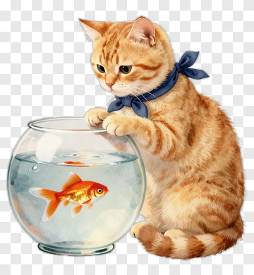 Cute Cat Watching Goldfish PNG
