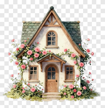 Cottage With Rose Bushes PNG