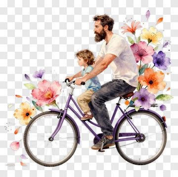 Man And Child Riding Bicycle With Flowers PNG