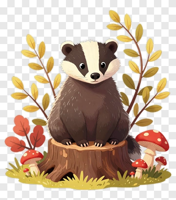 Cute Badger Sitting On Tree Stump PNG