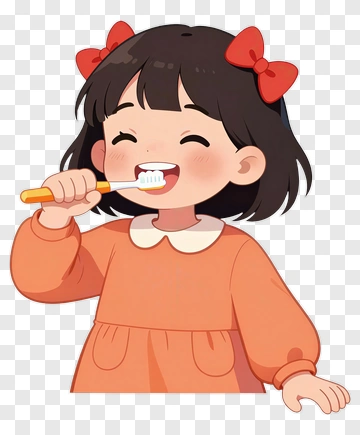 Girl Brushing Teeth With Red Bows PNG