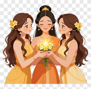 Three Girls Sharing A Bouquet Of Flowers PNG