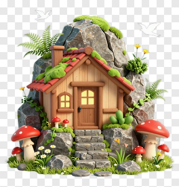 Tiny Cottage With Mushrooms And Ferns PNG