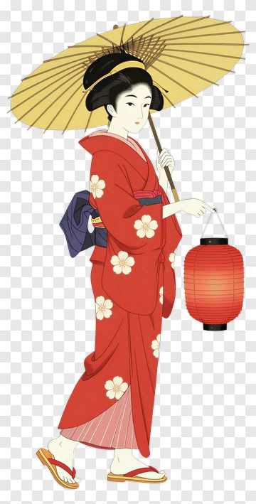 Geisha In Red Kimono With Umbrella And Lantern PNG