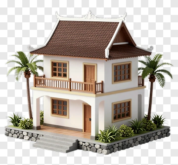 Traditional House Model With Palm Trees PNG