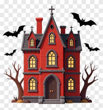 Red Haunted House With Bats PNG