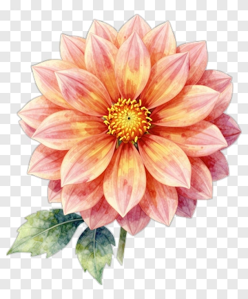 Watercolor Dahlia With Green Leaves PNG