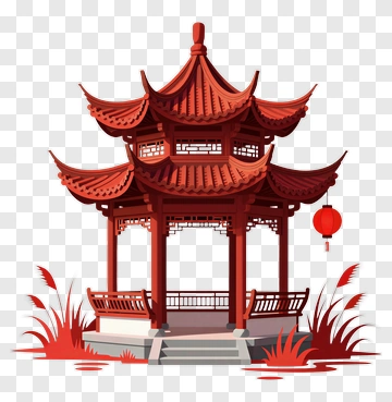 Red Pagoda With Lantern And Reeds PNG