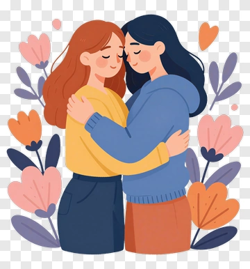 Two Women Embracing In Floral Design PNG