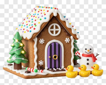 Gingerbread House With Snowman And Ducks PNG