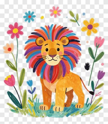 Colorful Lion Among Flowers PNG