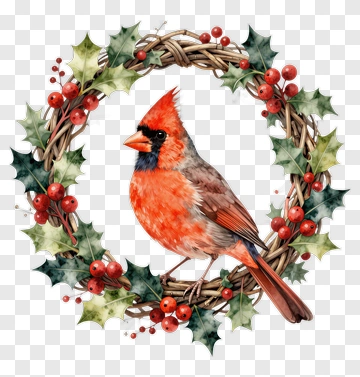 Red Cardinal On Holly Wreath PNG