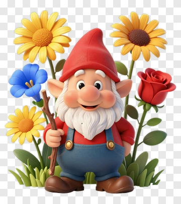 Cartoon Garden Gnome With Flowers PNG