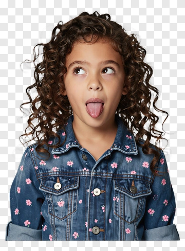 Playful Girl With Curly Hair And Pink Flower Jacket PNG