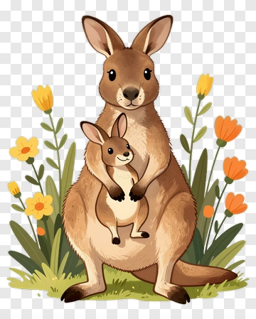 Kangaroo With Joey In Flower Garden PNG