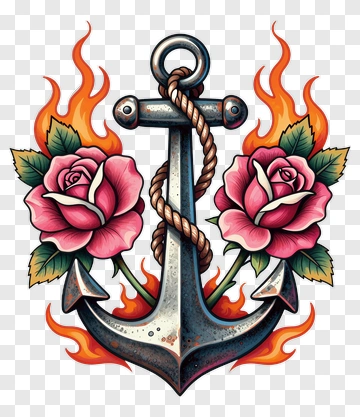 Anchor With Roses And Flame PNG