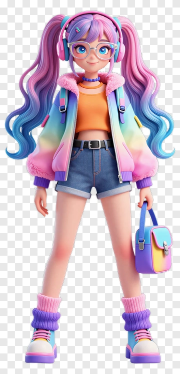Anime Girl With Rainbow Hair And Outfit PNG
