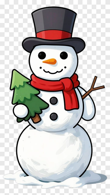 Cheerful Snowman With Top Hat And Pine Tree PNG
