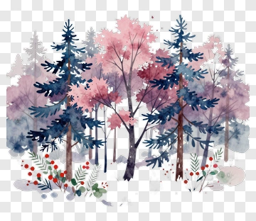 Watercolor Forest With Pine Trees And Berries PNG