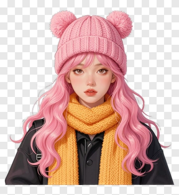 Pink Hair Girl With Knitted Hat And Scarf PNG