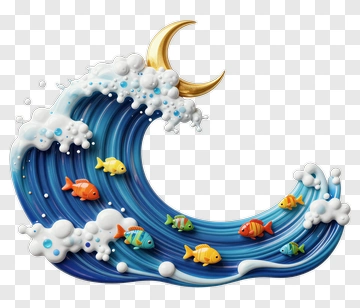 Colorful Fish Swimming In Wave Under Moon PNG
