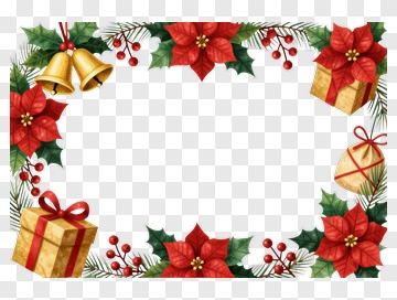 Christmas Holiday Frame With Poinsettias And Gifts PNG