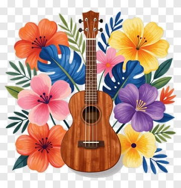 Ukulele Surrounded By Tropical Flowers PNG