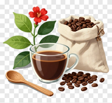 Coffee Cup With Beans And Plant PNG