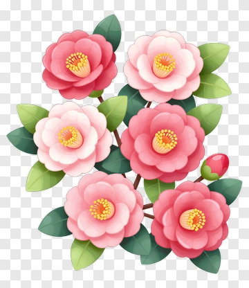 Pink Camellia Blossoms With Green Leaves PNG