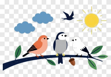 Three Birds On A Branch With Sun And Clouds PNG