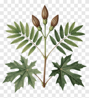 Botanical Illustration Of Plant With Leaves And Buds PNG