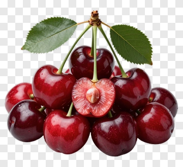 Fresh Red Cherries With Green Leaves PNG
