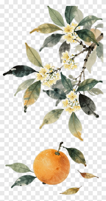 Orange And Flower Branch In Traditional Style PNG