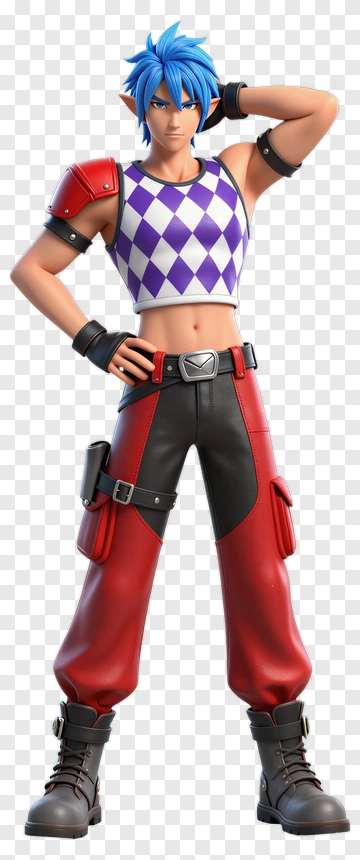 Blue-haired Elf Character In Red And Purple Outfit PNG
