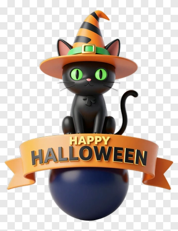 Black Cat In Witch Hat With Halloween Banner PNG