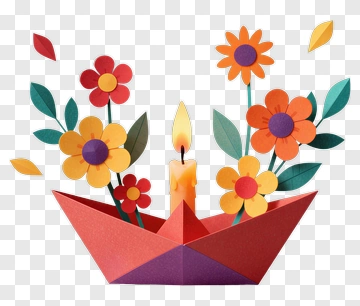 Paper Boat With Candle And Flowers PNG